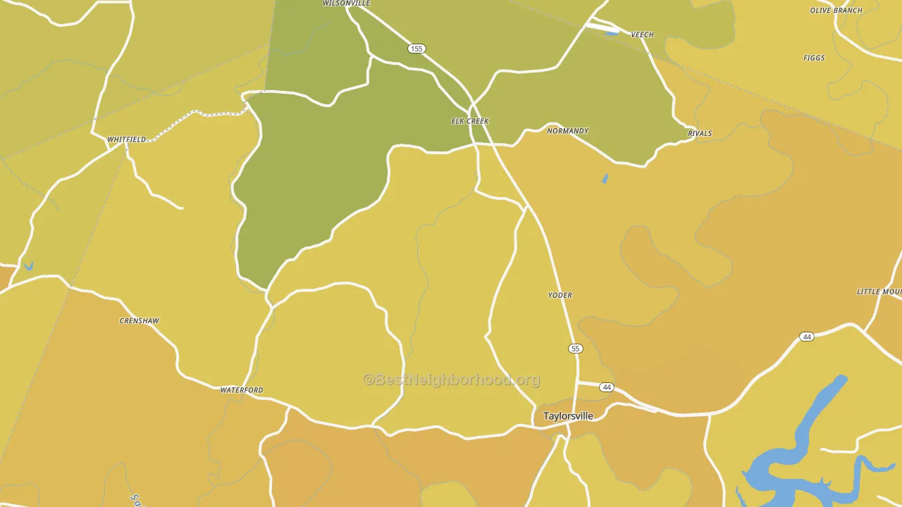 Map of the best neighborhoods in the Taylorsville area, with better matches in green and worse matches in red