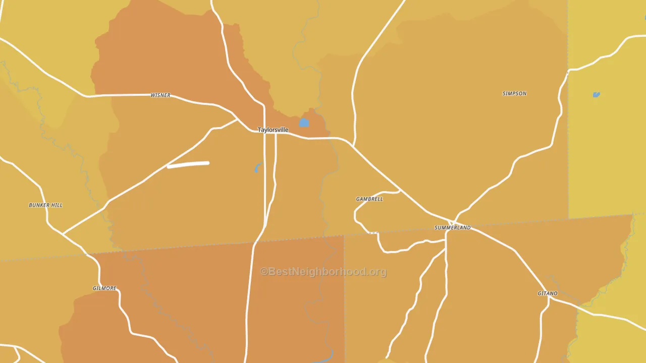 Map of the best neighborhoods in the Taylorsville area, with better matches in green and worse matches in red