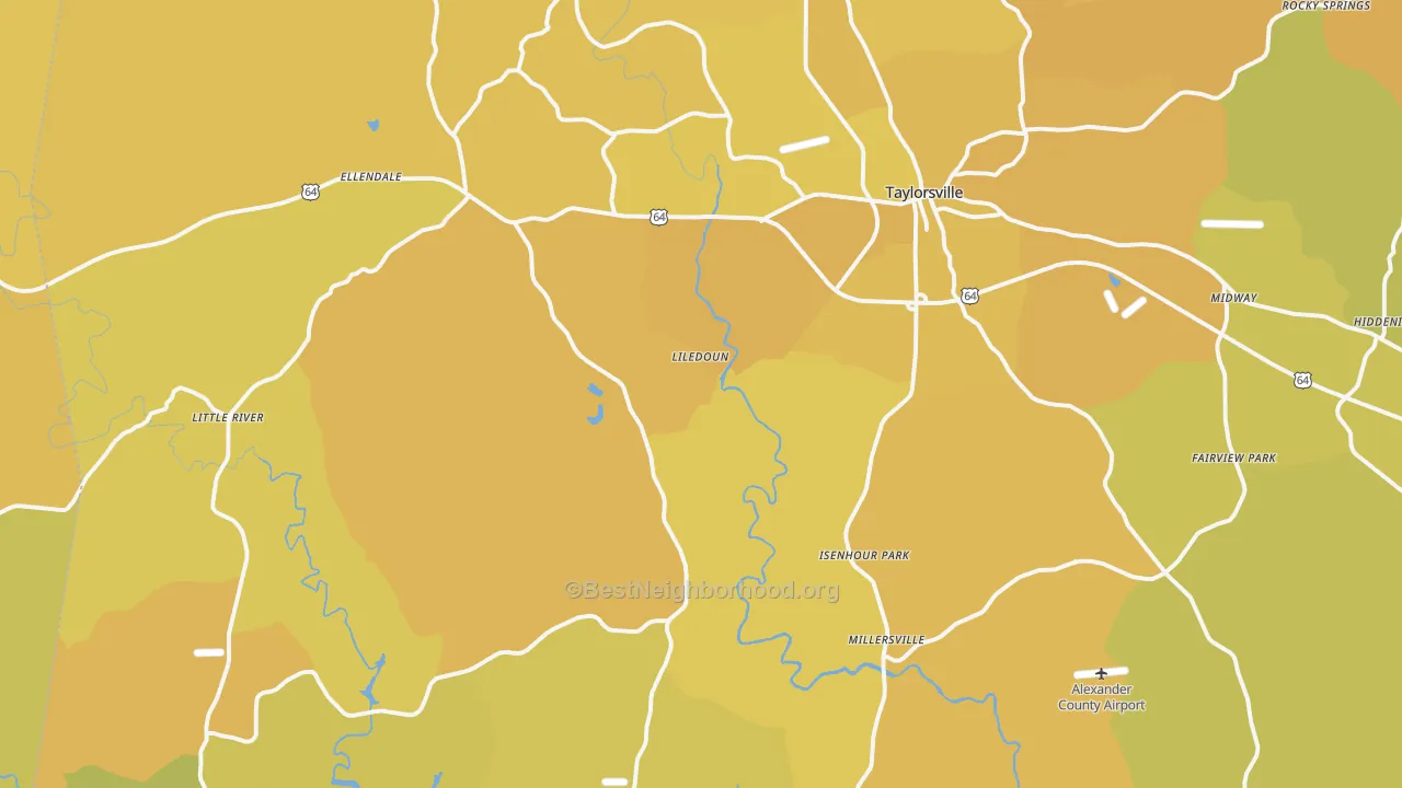 Map of the best neighborhoods in the Taylorsville area, with better matches in green and worse matches in red