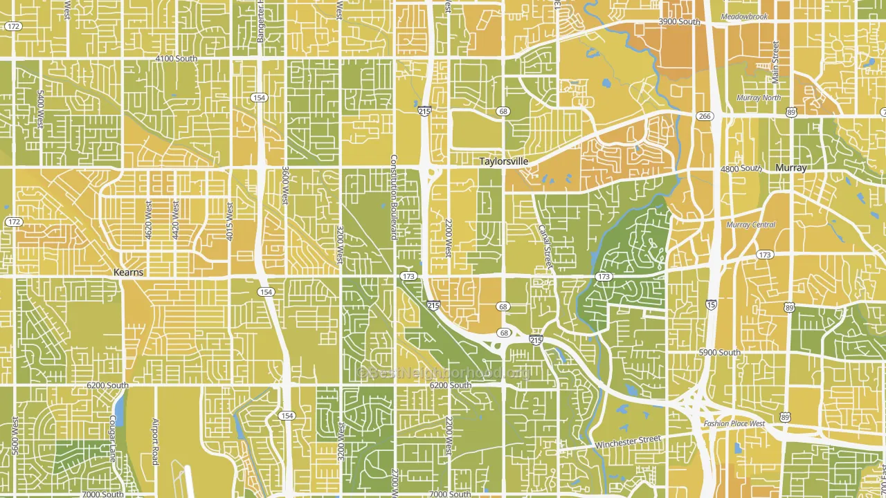 Map of the best neighborhoods in the Taylorsville area, with better matches in green and worse matches in red