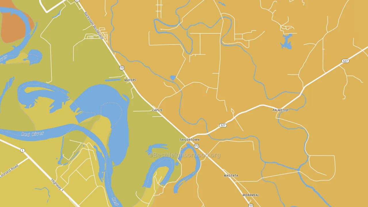 Map of the best neighborhoods in the Taylortown area, with better matches in green and worse matches in red