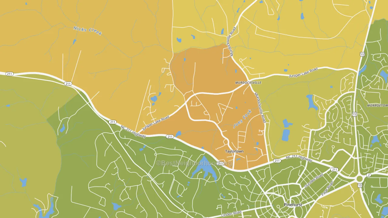 Map of the best neighborhoods in the Taylortown area, with better matches in green and worse matches in red