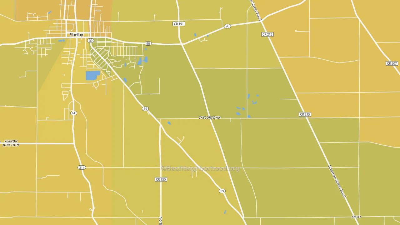 Map of the best neighborhoods in the Taylortown area, with better matches in green and worse matches in red