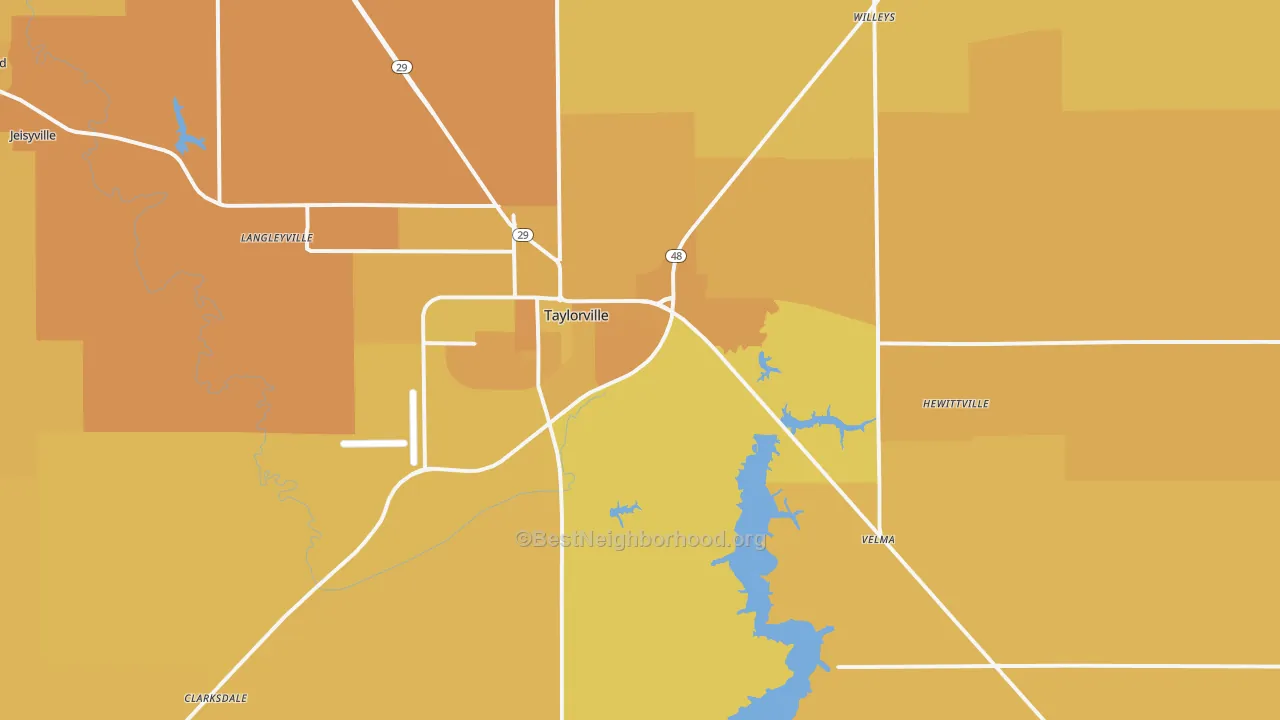 Map of the best neighborhoods in the Taylorville area, with better matches in green and worse matches in red