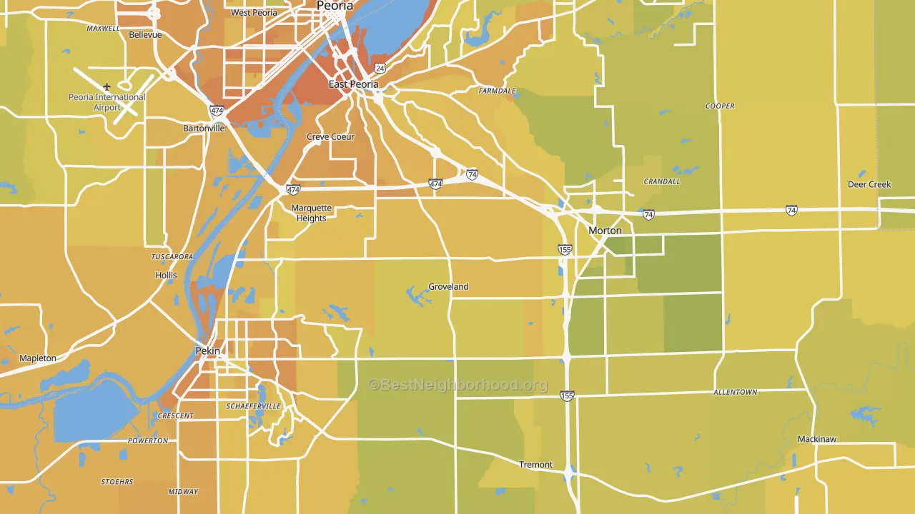 Map of the best neighborhoods in the Tazewell County area, with better matches in green and worse matches in red