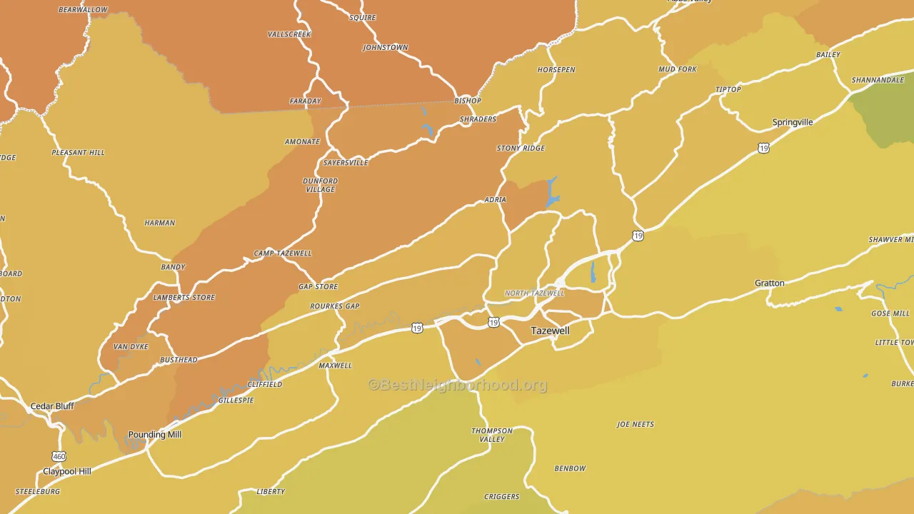 Map of the best neighborhoods in the Tazewell County area, with better matches in green and worse matches in red