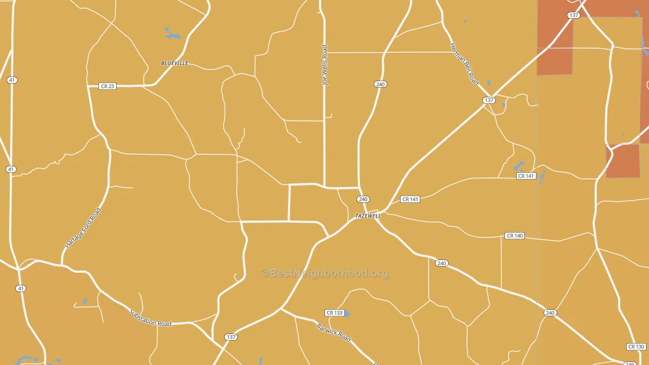 Map of the best neighborhoods in the Tazewell area, with better matches in green and worse matches in red