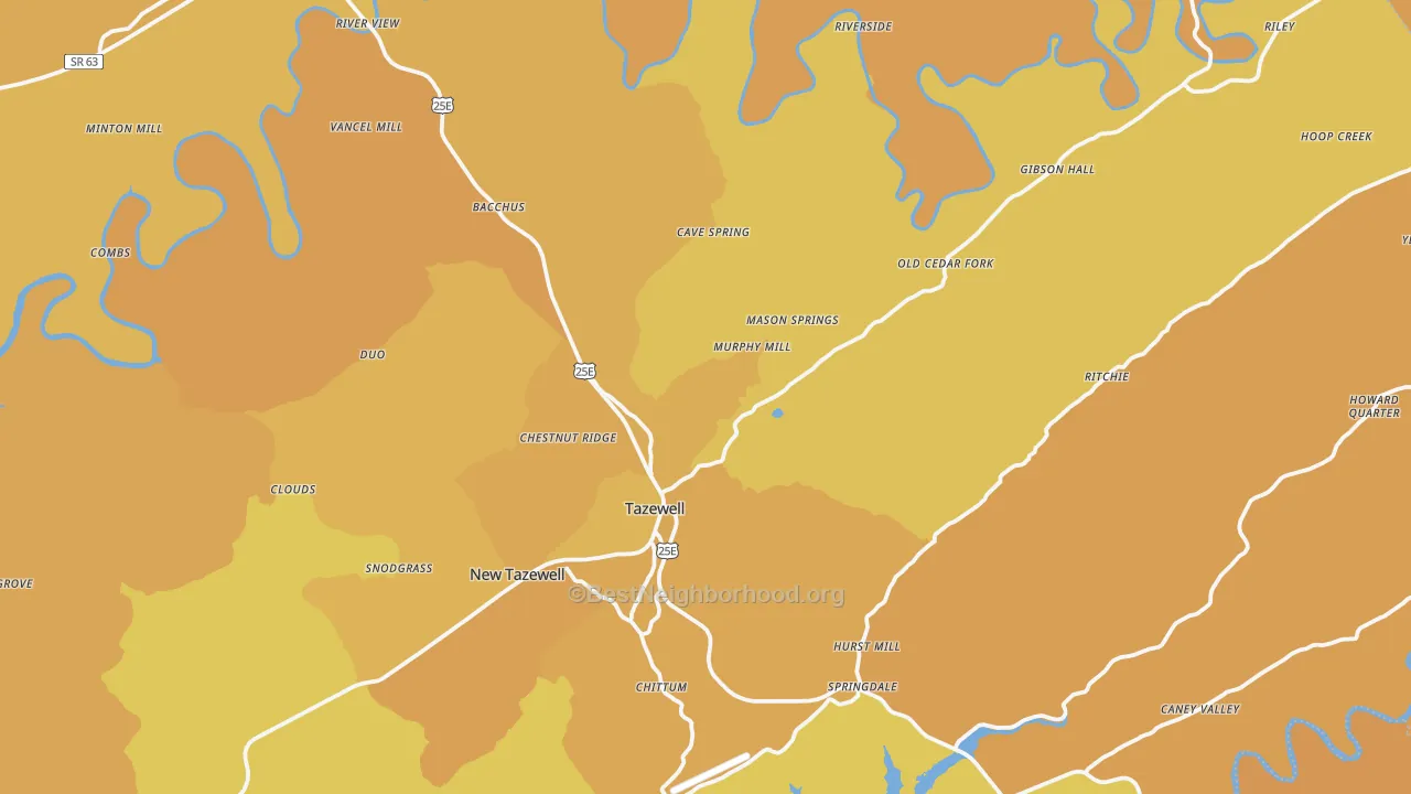 Map of the best neighborhoods in the Tazewell area, with better matches in green and worse matches in red