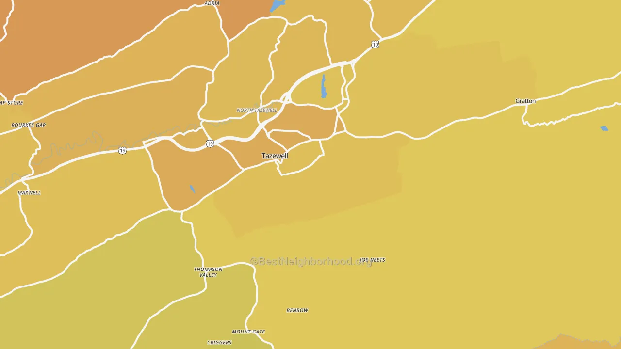 Map of the best neighborhoods in the Tazewell area, with better matches in green and worse matches in red