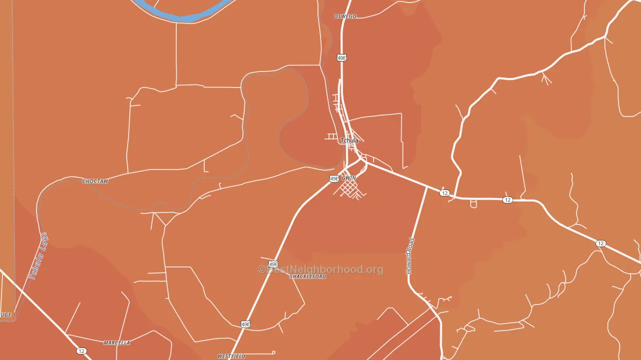 Map of the best neighborhoods in the Tchula area, with better matches in green and worse matches in red