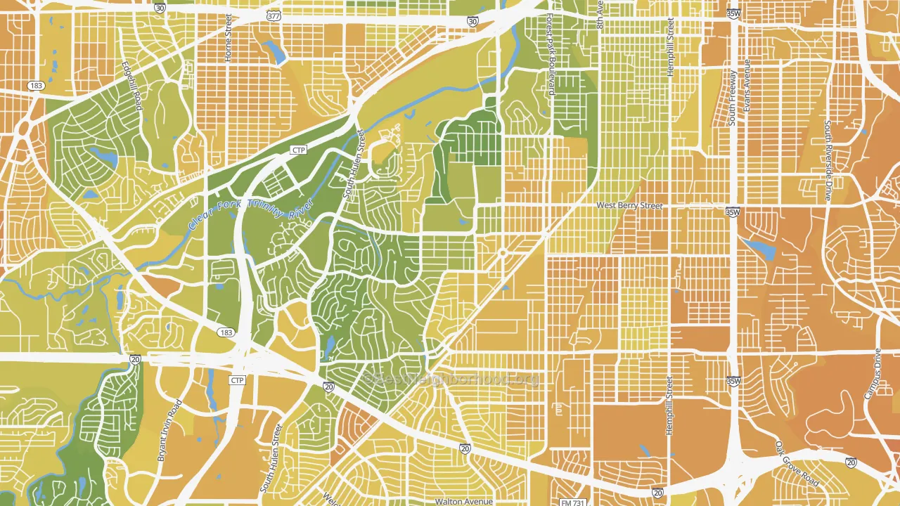 Map of the best neighborhoods in the TCU-West Cliff, Fort Worth area, with better matches in green and worse matches in red