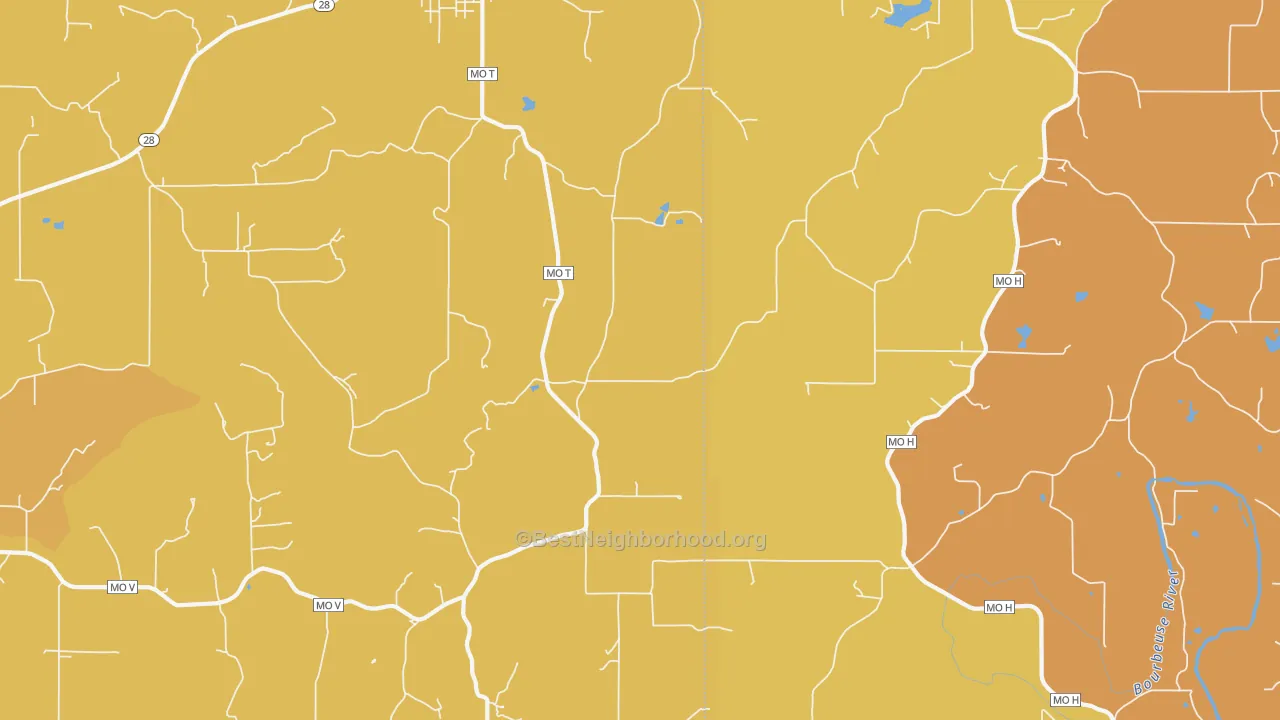 Map of the best neighborhoods in the Tea area, with better matches in green and worse matches in red