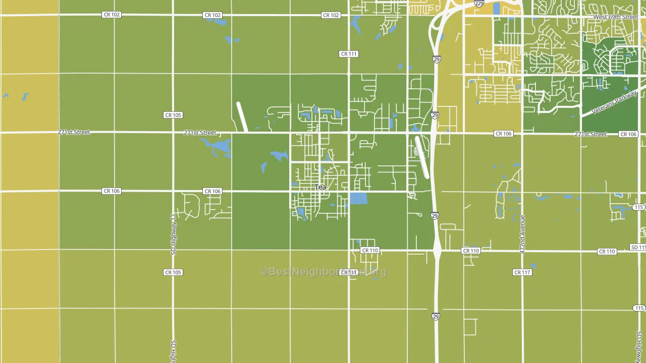 Map of the best neighborhoods in the Tea area, with better matches in green and worse matches in red