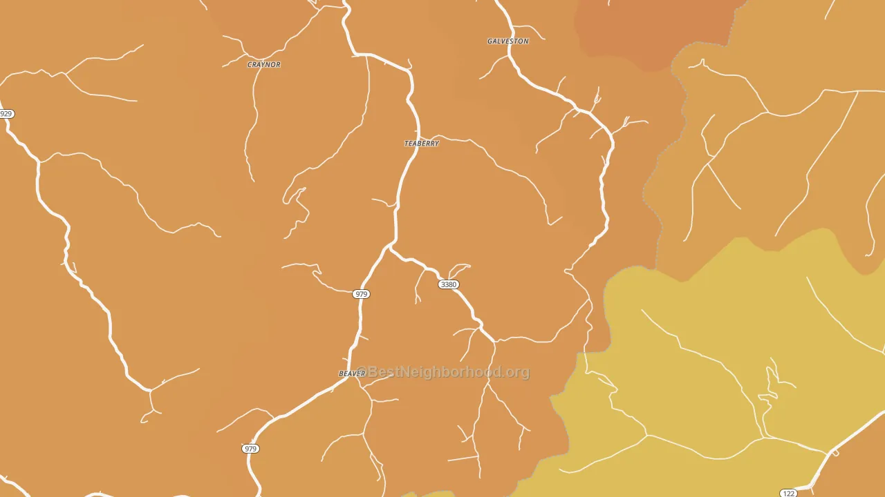 Map of the best neighborhoods in the Teaberry area, with better matches in green and worse matches in red