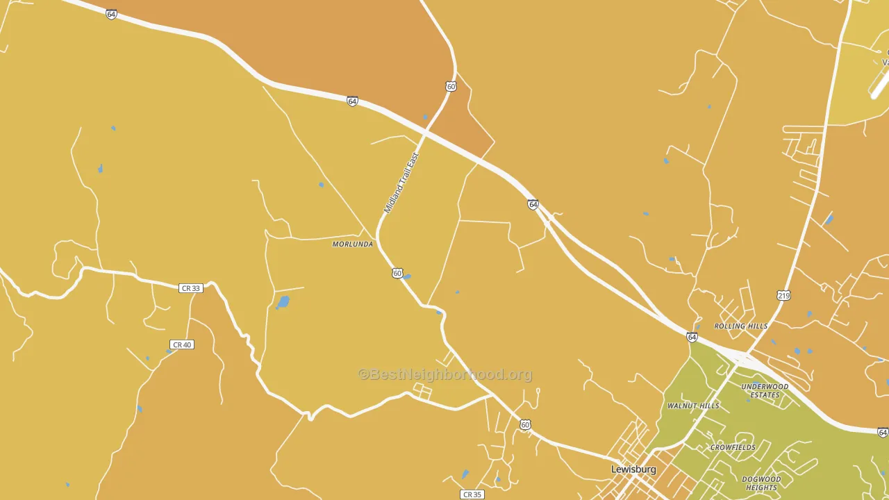 Map of the best neighborhoods in the Teaberry area, with better matches in green and worse matches in red