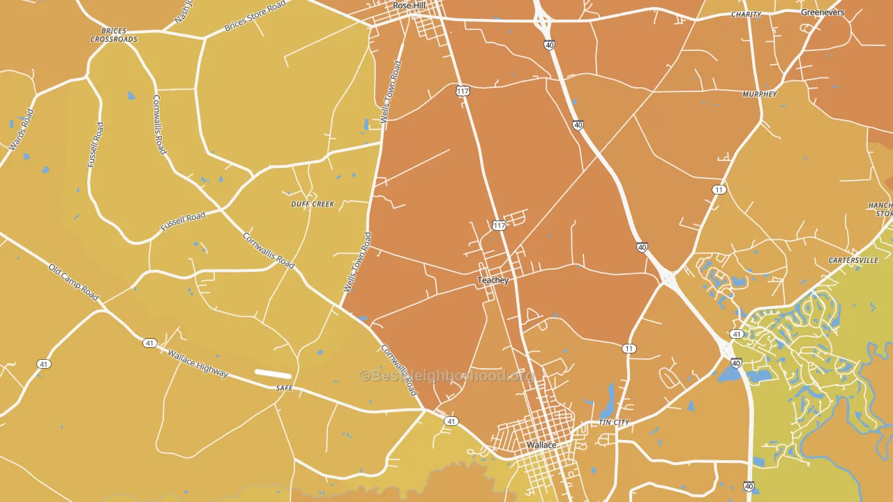Map of the best neighborhoods in the Teachey area, with better matches in green and worse matches in red