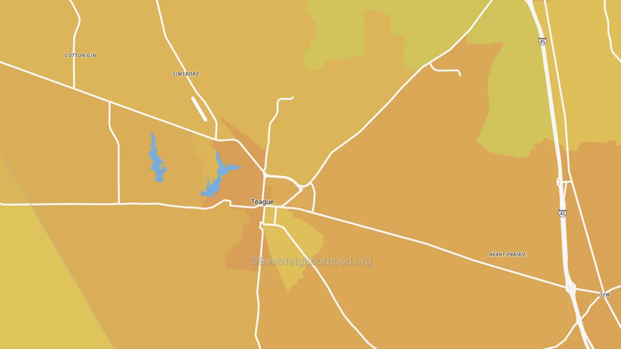 Map of the best neighborhoods in the Teague area, with better matches in green and worse matches in red