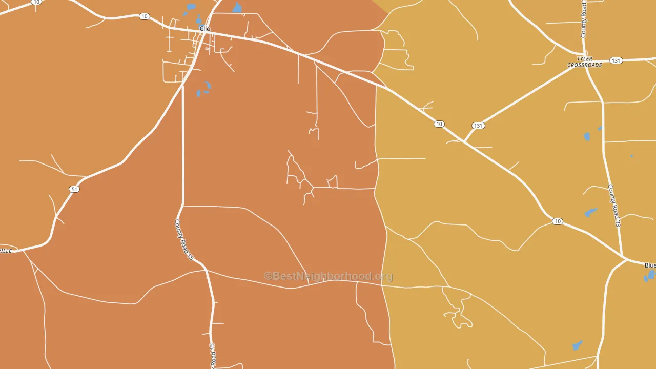 Map of the best neighborhoods in the Teals Crossroads area, with better matches in green and worse matches in red