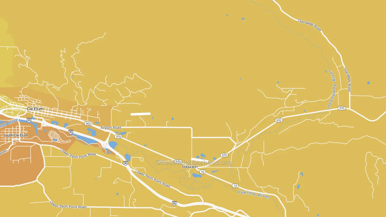 Map of the best neighborhoods in the Teanaway area, with better matches in green and worse matches in red