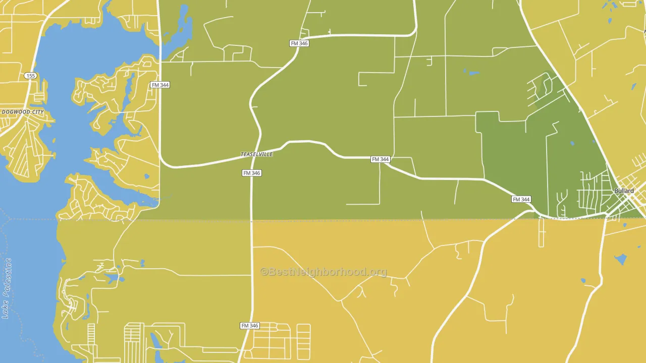 Map of the best neighborhoods in the Teaselville area, with better matches in green and worse matches in red