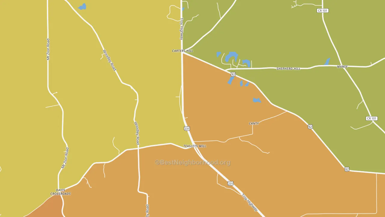 Map of the best neighborhoods in the Teasleys Mill area, with better matches in green and worse matches in red