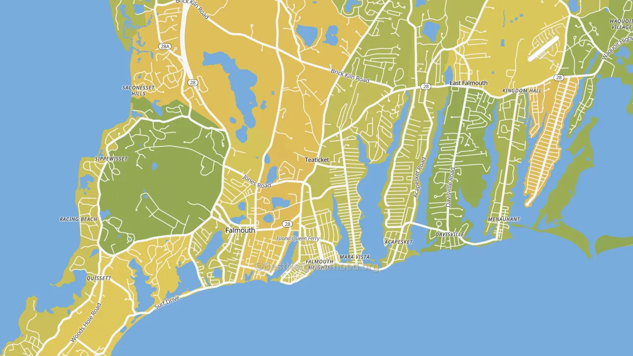 Map of the best neighborhoods in the Teaticket, East Falmouth area, with better matches in green and worse matches in red
