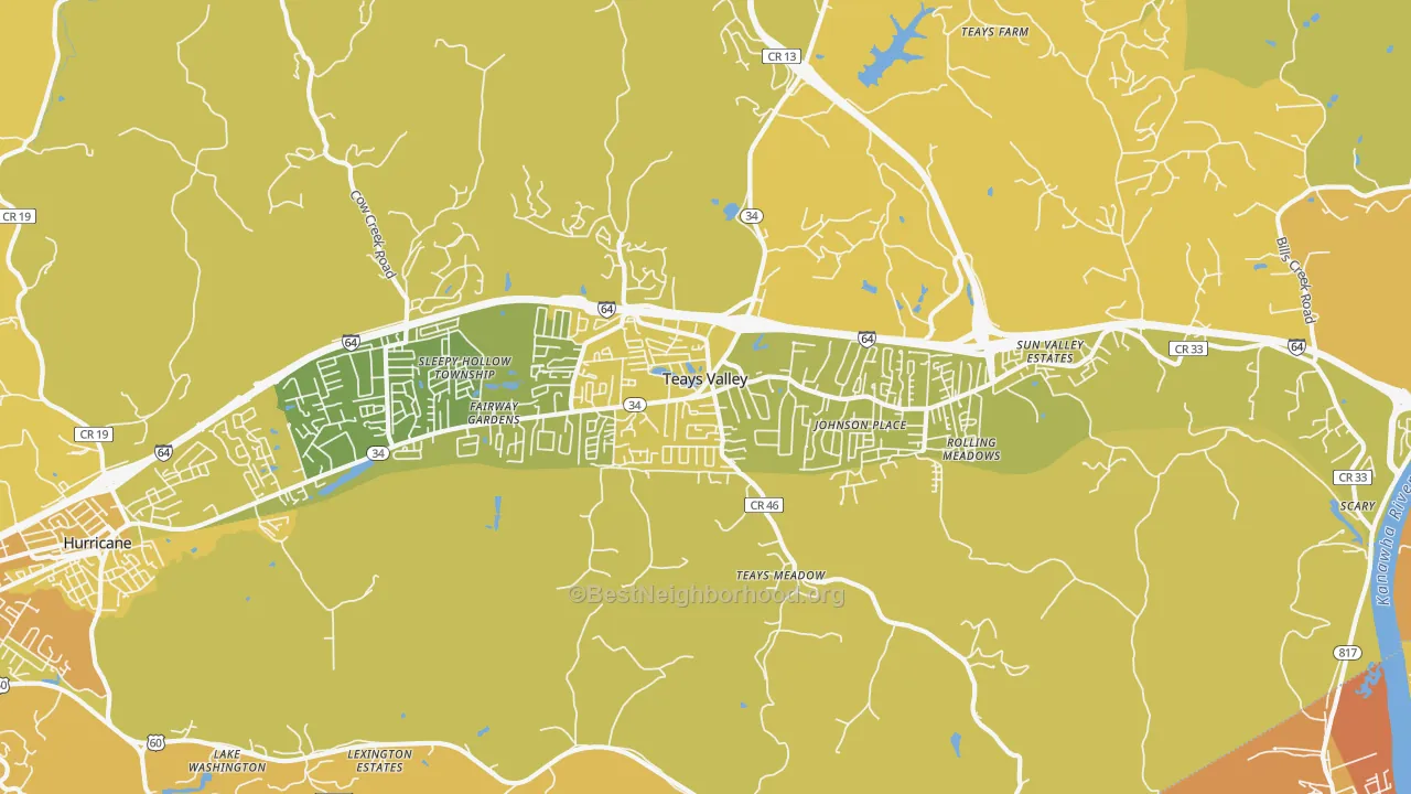 Map of the best neighborhoods in the Teays Valley area, with better matches in green and worse matches in red