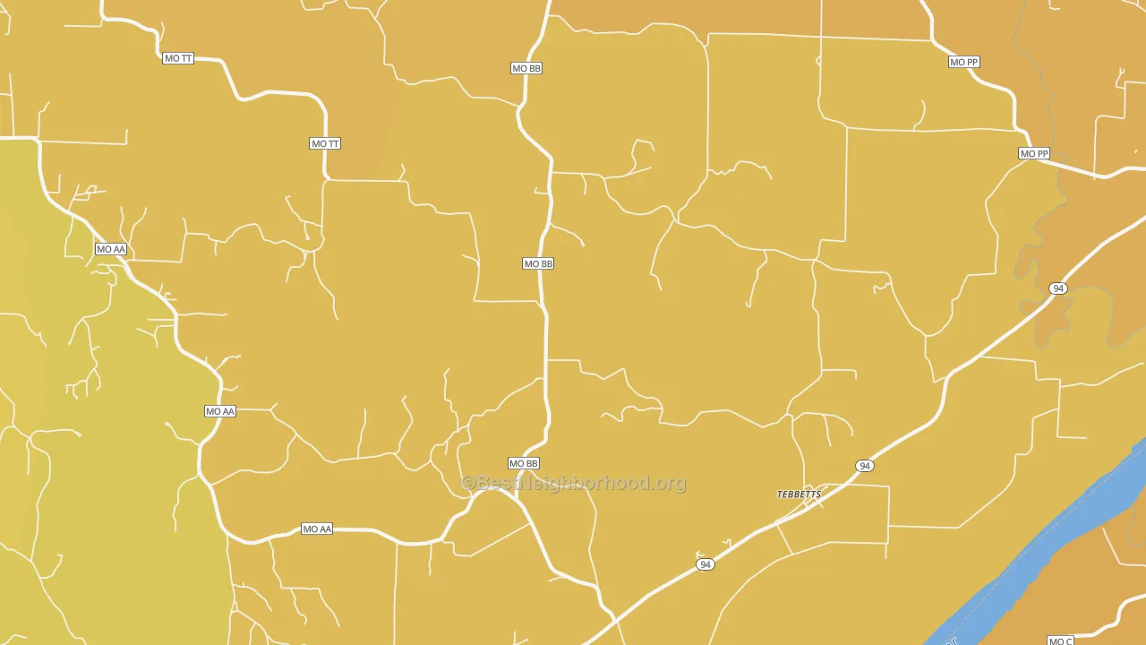 Map of the best neighborhoods in the Tebbetts area, with better matches in green and worse matches in red