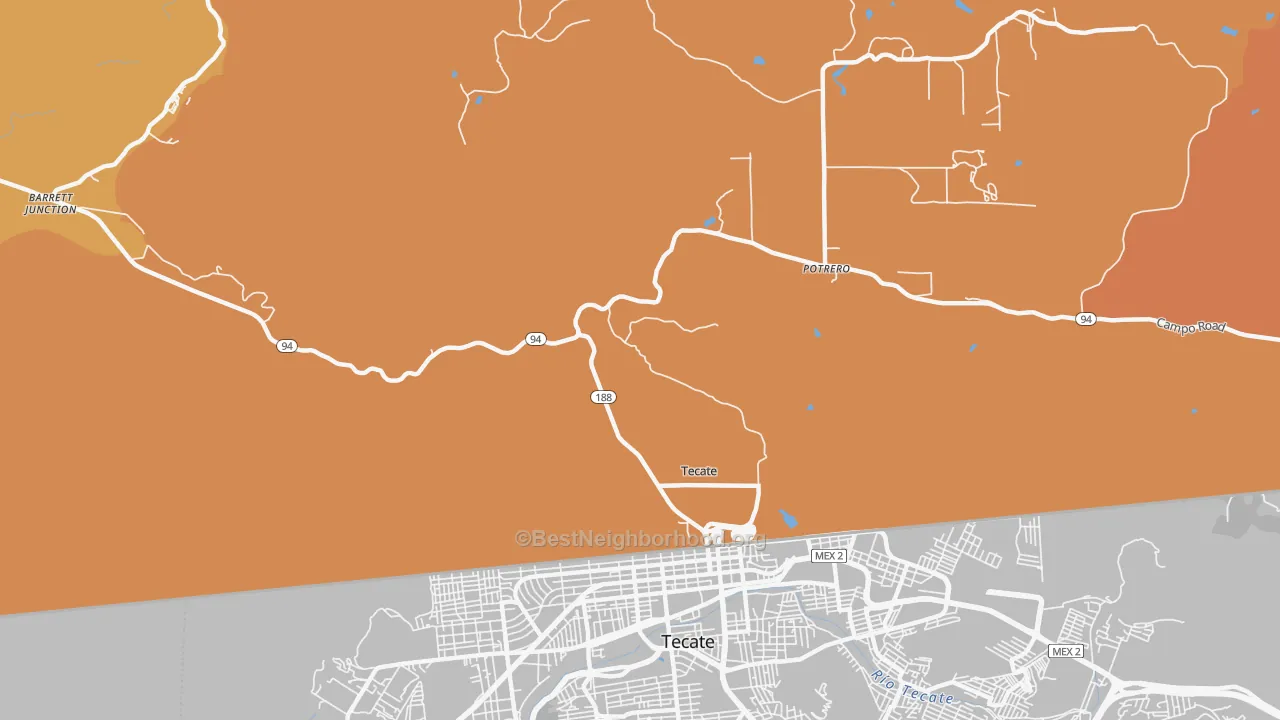 Map of the best neighborhoods in the Tecate area, with better matches in green and worse matches in red