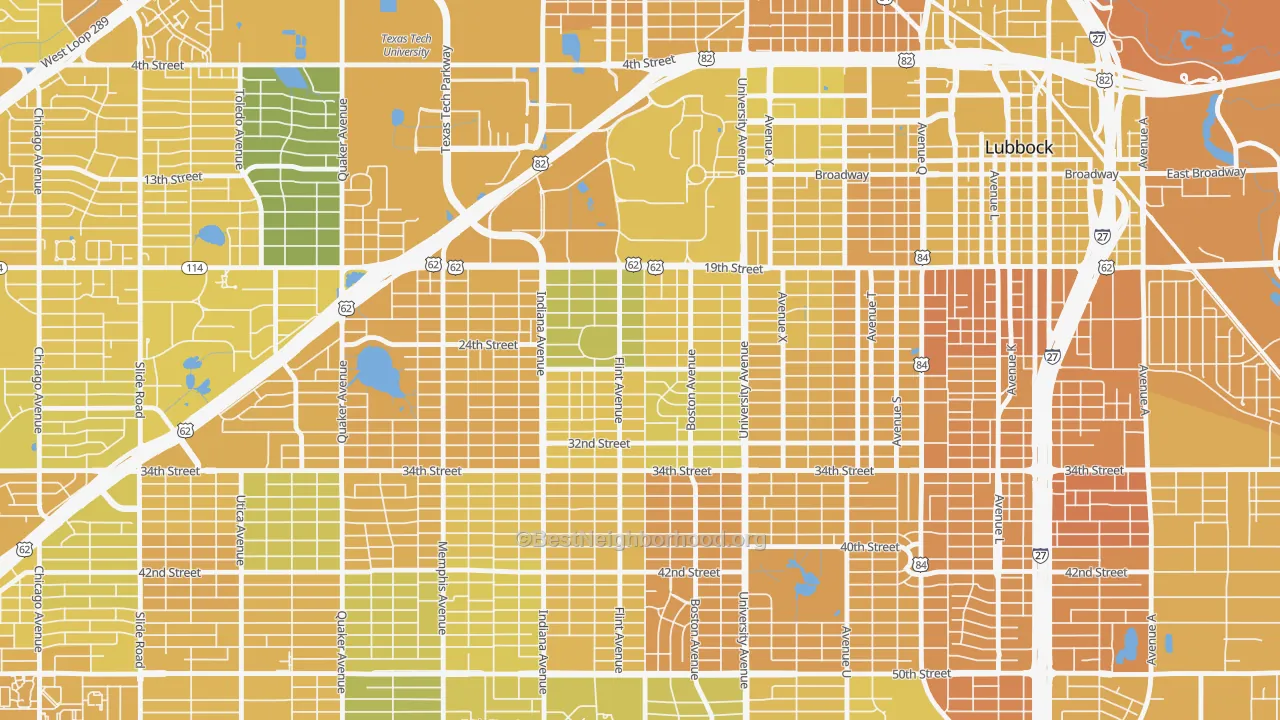 Map of the best neighborhoods in the Tech Terrace-U.N.I.T., Lubbock area, with better matches in green and worse matches in red