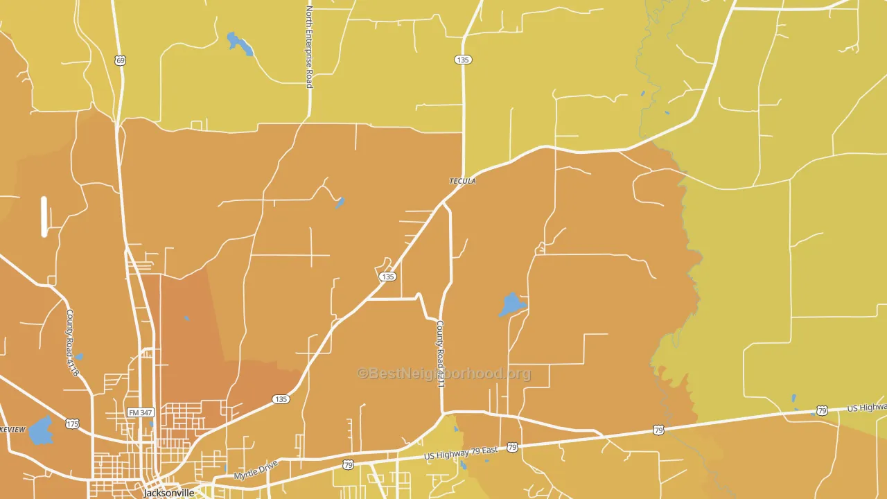 Map of the best neighborhoods in the Tecula area, with better matches in green and worse matches in red