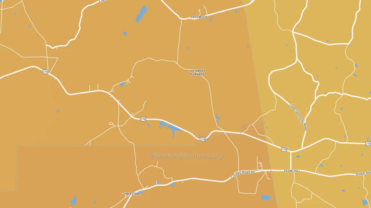 Map of the best neighborhoods in the Tecumseh area, with better matches in green and worse matches in red
