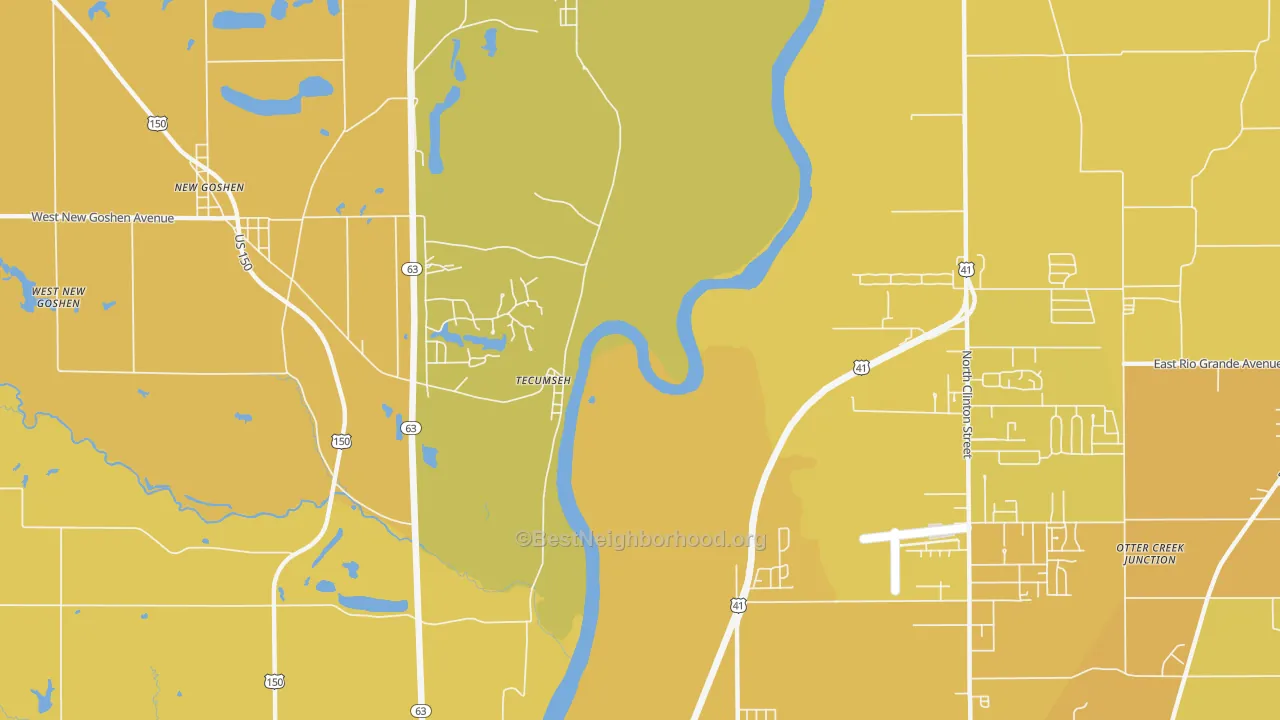 Map of the best neighborhoods in the Tecumseh area, with better matches in green and worse matches in red