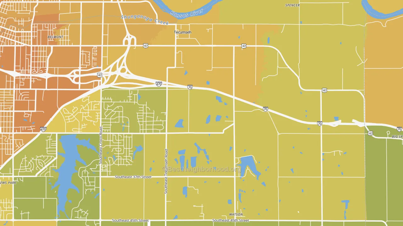 Map of the best neighborhoods in the Tecumseh area, with better matches in green and worse matches in red