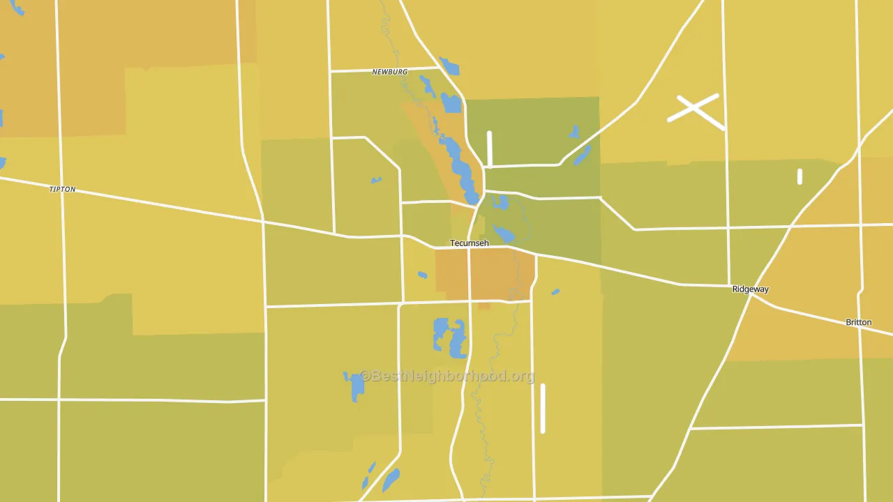 Map of the best neighborhoods in the Tecumseh area, with better matches in green and worse matches in red