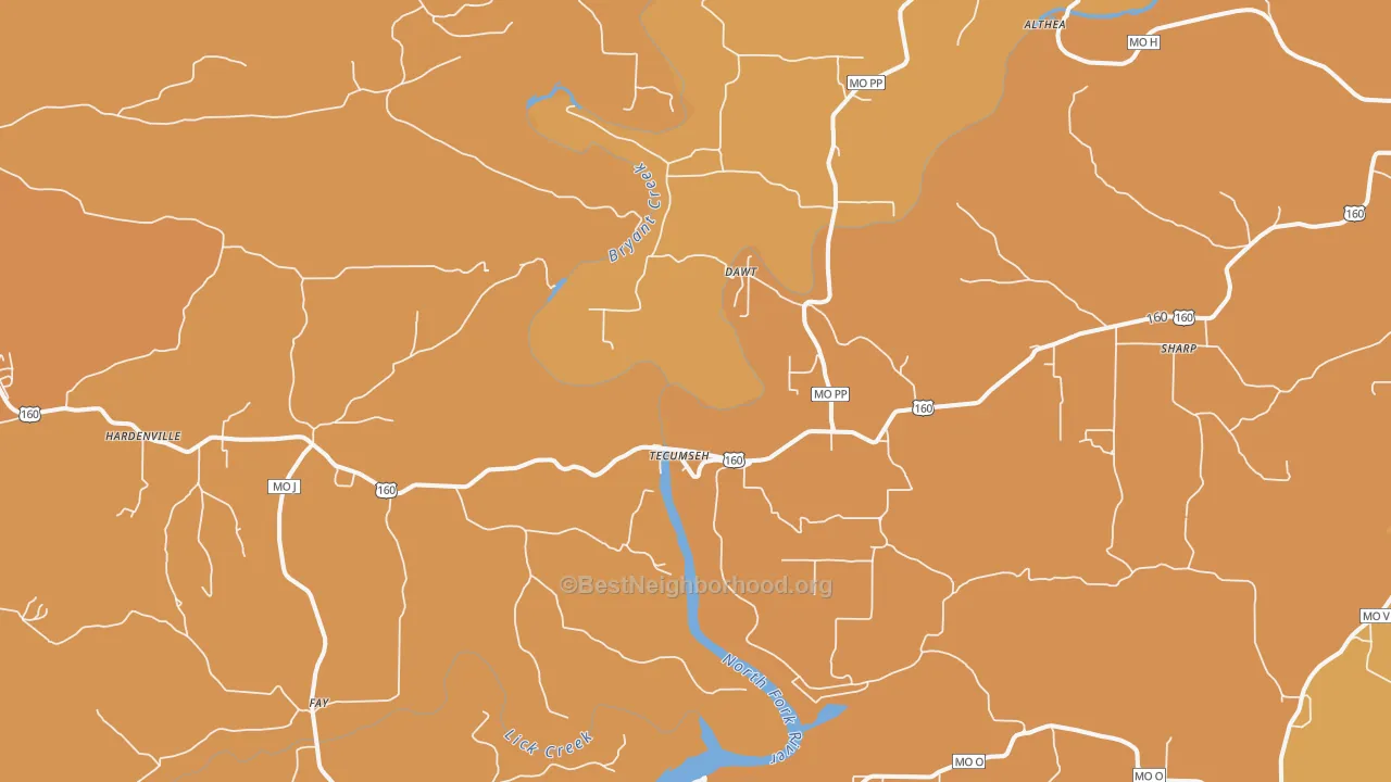 Map of the best neighborhoods in the Tecumseh area, with better matches in green and worse matches in red