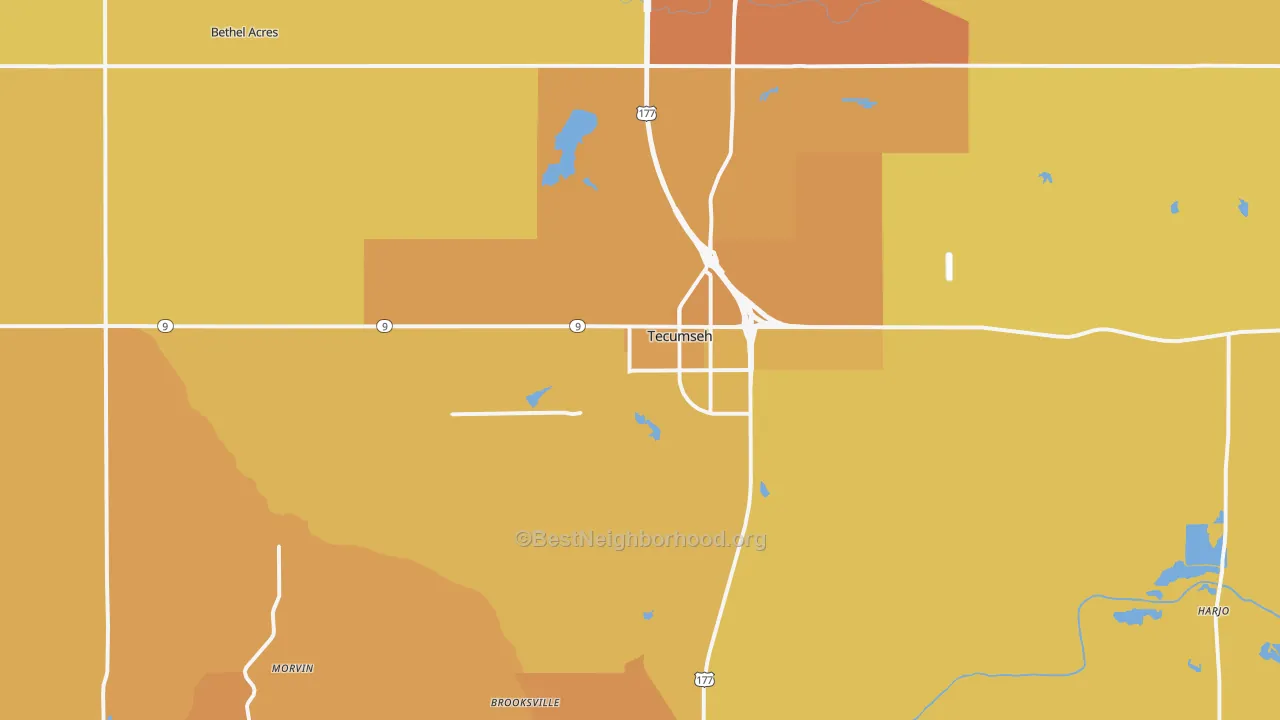 Map of the best neighborhoods in the Tecumseh area, with better matches in green and worse matches in red