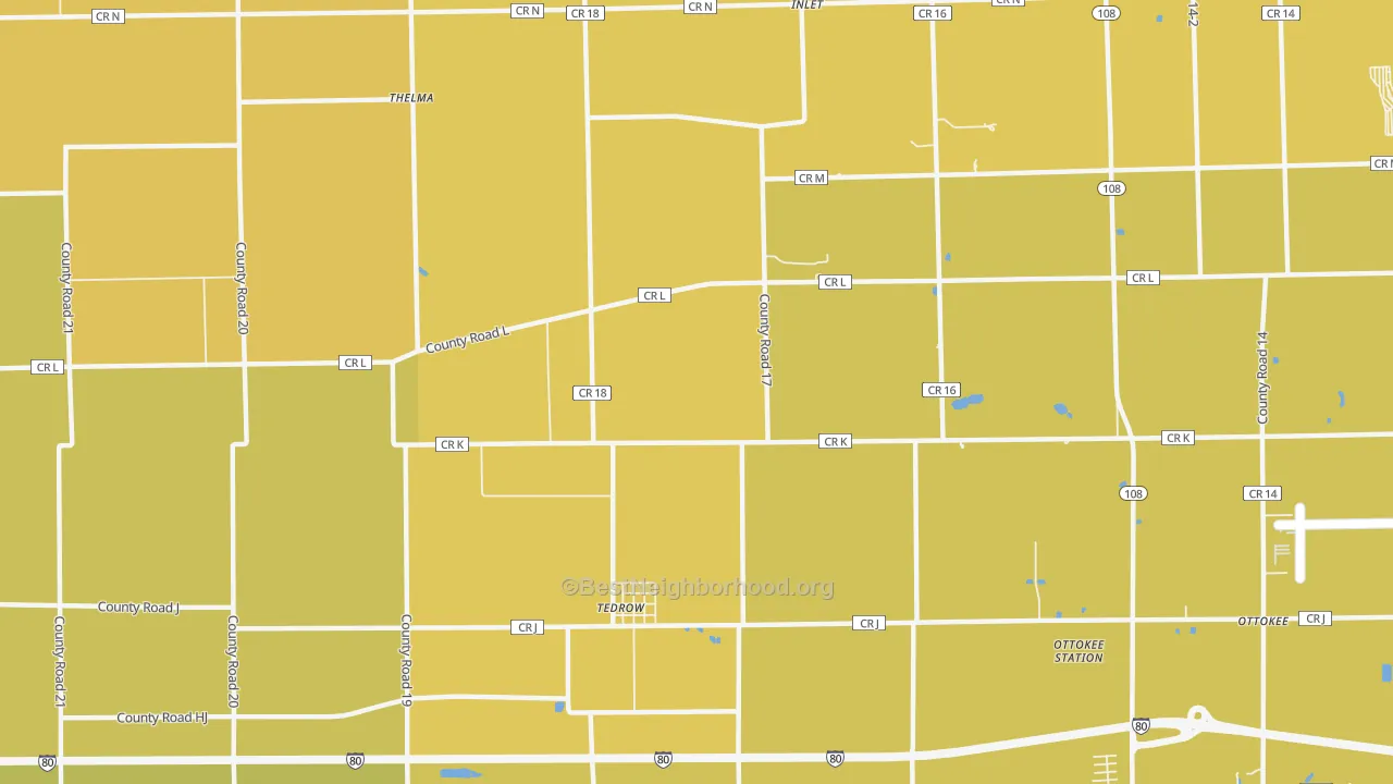 Map of the best neighborhoods in the Tedrow area, with better matches in green and worse matches in red