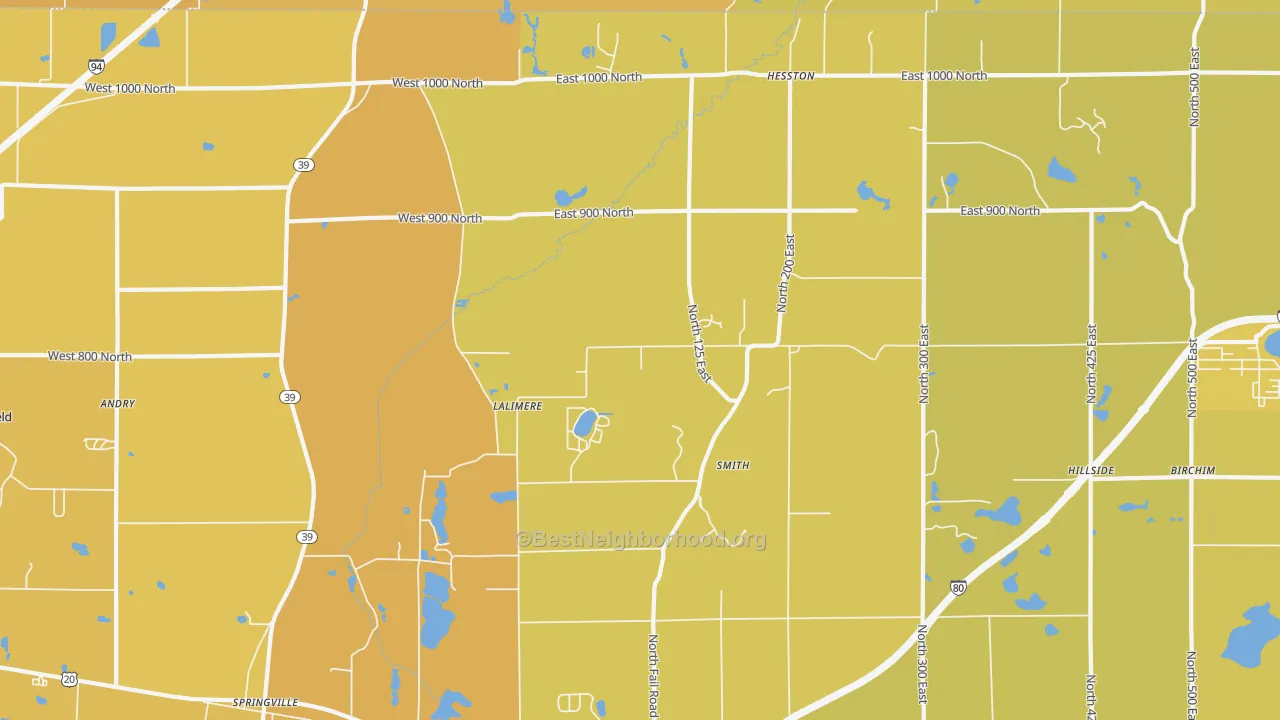 Map of the best neighborhoods in the Tee Lake area, with better matches in green and worse matches in red