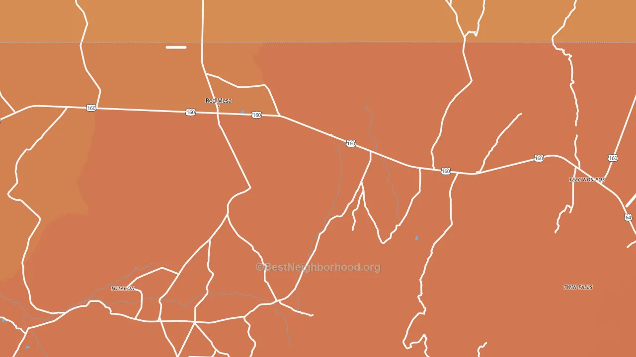 Map of the best neighborhoods in the Teec Nos Pos area, with better matches in green and worse matches in red