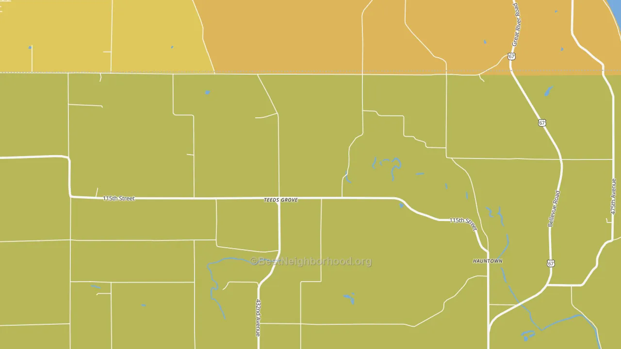 Map of the best neighborhoods in the Teeds Grove area, with better matches in green and worse matches in red