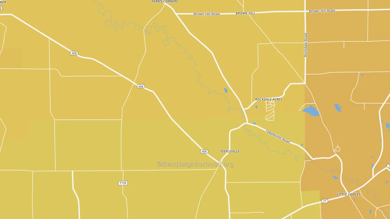 Map of the best neighborhoods in the Teepleville area, with better matches in green and worse matches in red
