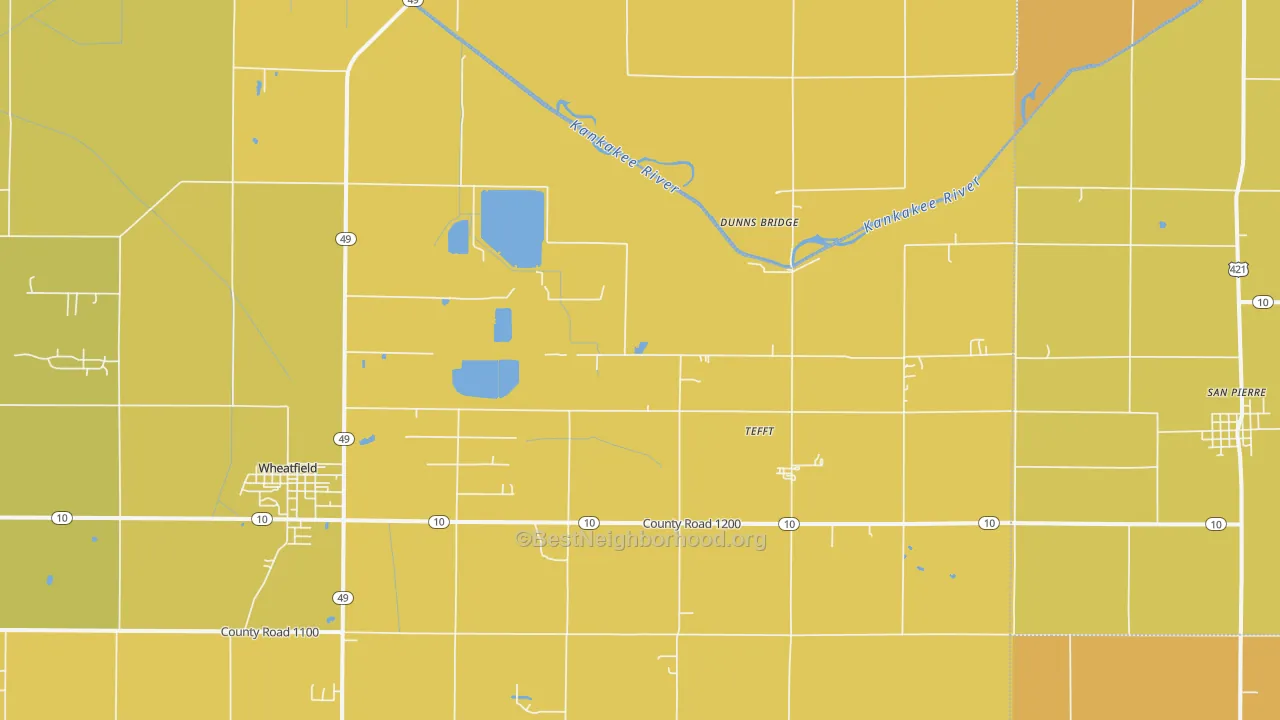 Map of the best neighborhoods in the Tefft area, with better matches in green and worse matches in red