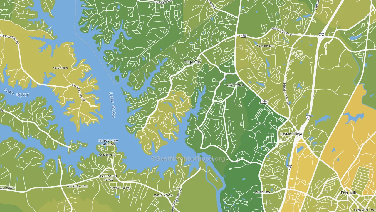Map of the best neighborhoods in the Tega Cay area, with better matches in green and worse matches in red