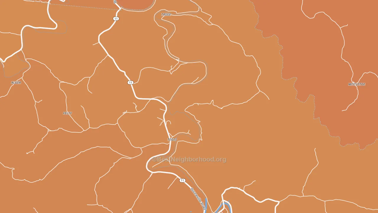 Map of the best neighborhoods in the Teges area, with better matches in green and worse matches in red