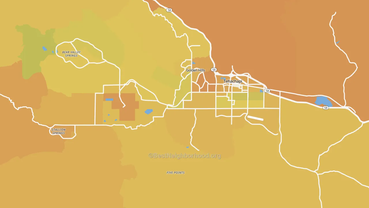 Map of the best neighborhoods in the Tehachapi area, with better matches in green and worse matches in red