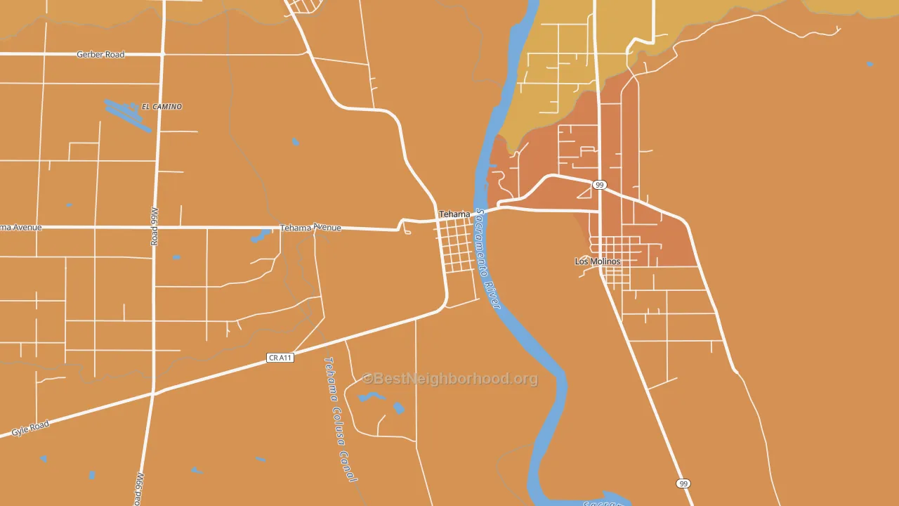 Map of the best neighborhoods in the Tehama area, with better matches in green and worse matches in red