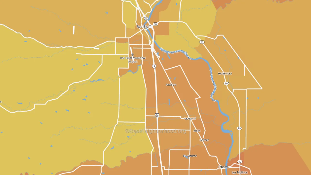 Map of the best neighborhoods in the Tehama County area, with better matches in green and worse matches in red