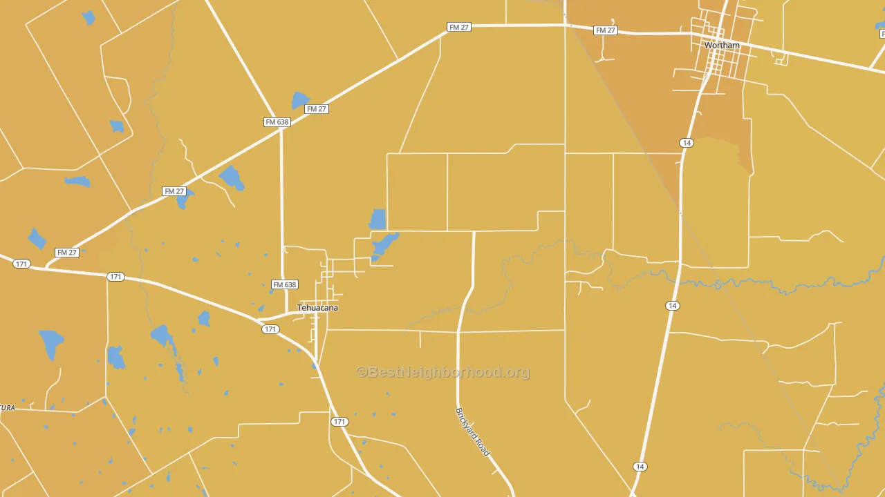 Map of the best neighborhoods in the Tehuacana area, with better matches in green and worse matches in red