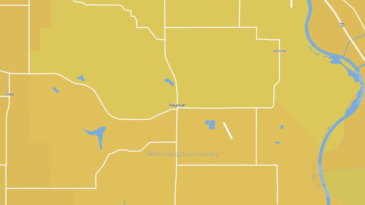 Map of the best neighborhoods in the Tekamah area, with better matches in green and worse matches in red